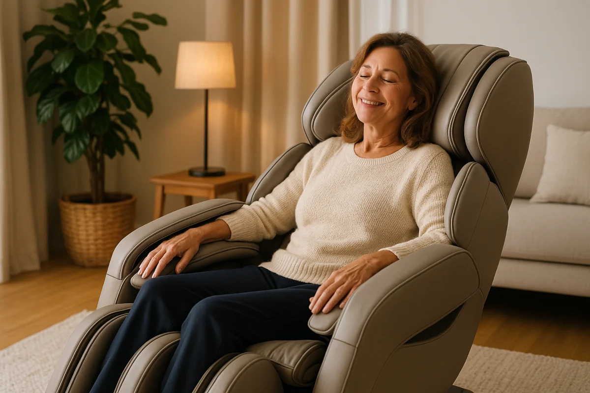 Femme détendue dans un fauteuil de massage, dans un salon chaleureux et lumineux